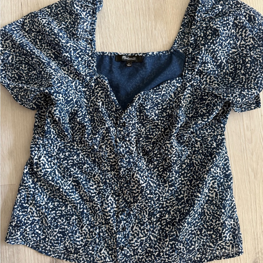 Madewell Blue and White Ruched Puff Sleeve Blouse
